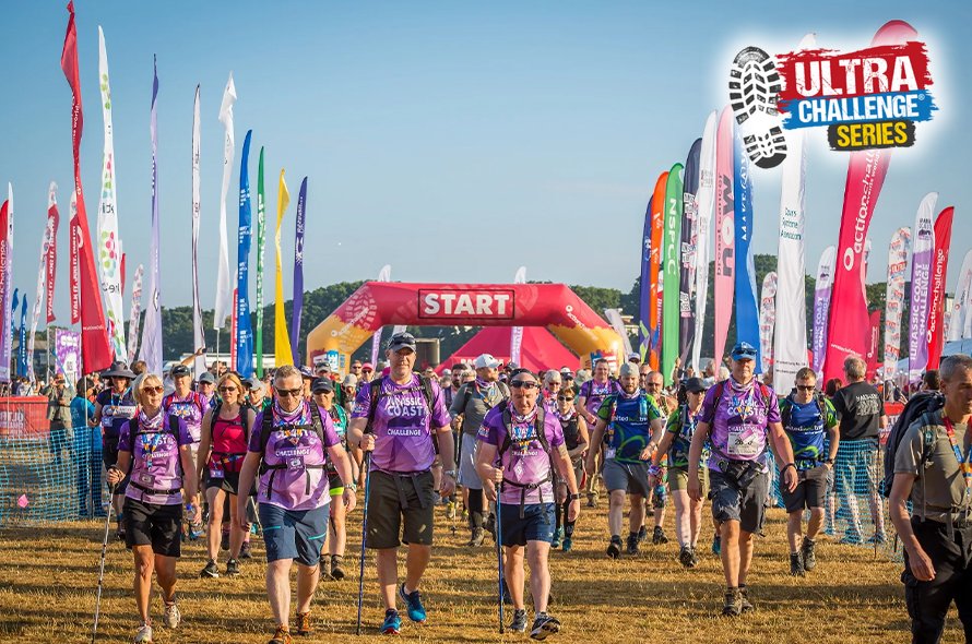 A group of people walking away from a start sign