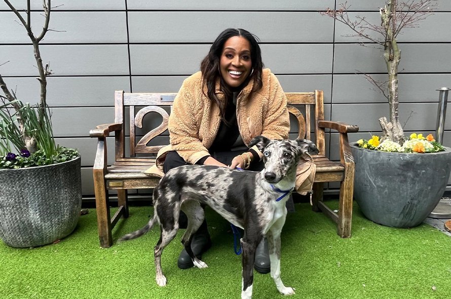 Alison Hammond sat on a bench with a Lurcher