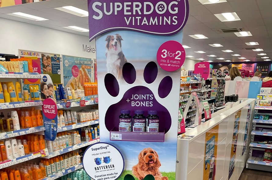 Superdog vitamins stand in store