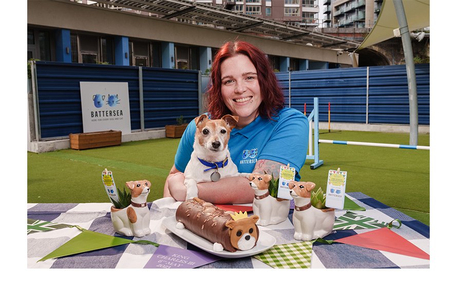 A person holing a dog behind a table with cake and plants
