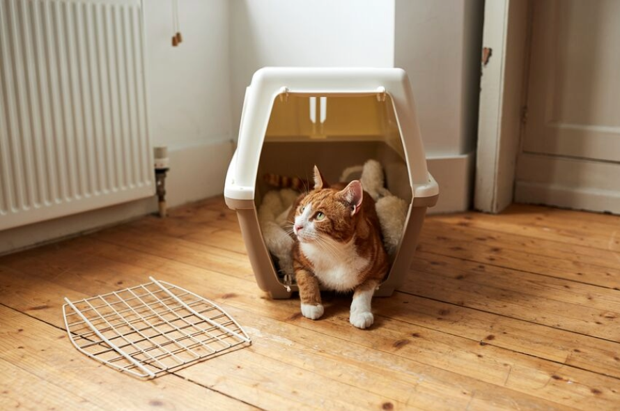 Ginger tabby cat coming out of a carrier in their new house