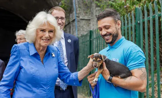 The Queen petting a small puppy